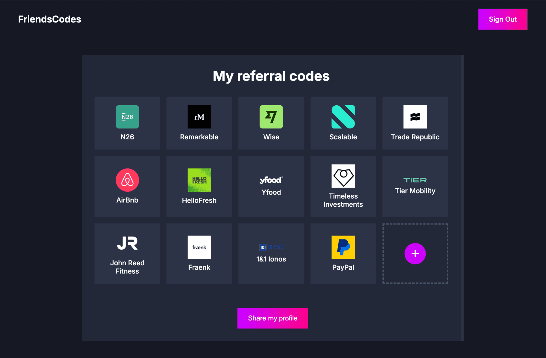 Dashboard with referral codes